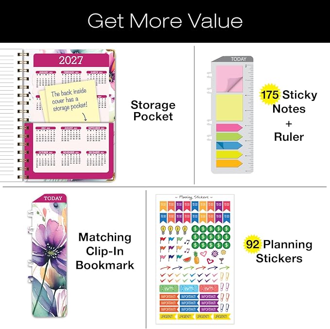 HARDCOVER Academic Year 2026-2027 Planner: 14 Months (May 2026 Through June 2027) 5.5"x 8" Daily Weekly Monthly Planner Yearly Agenda. Bookmark, Pocket Folder and Sticky Note Set (Rainbow Floral)