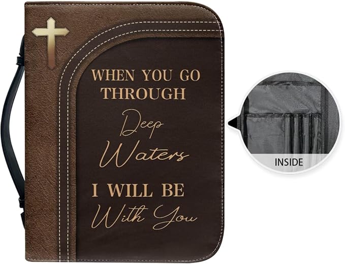 Retro Style Cross and Lion Bible Case with Bookmark Waterproof Bible Cover Case for Women Lightweight Bible Bag with Handle Pockets Church Book Bag Brown
