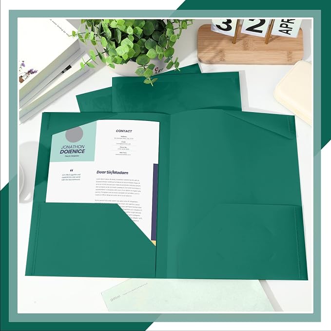 Henoyso 36 Pack Forest Green Plastic Folders with Clear Front Pockets Heavy Duty File Folders with 2 Pockets and Card Slot for Student Communication School Office Presentation Report