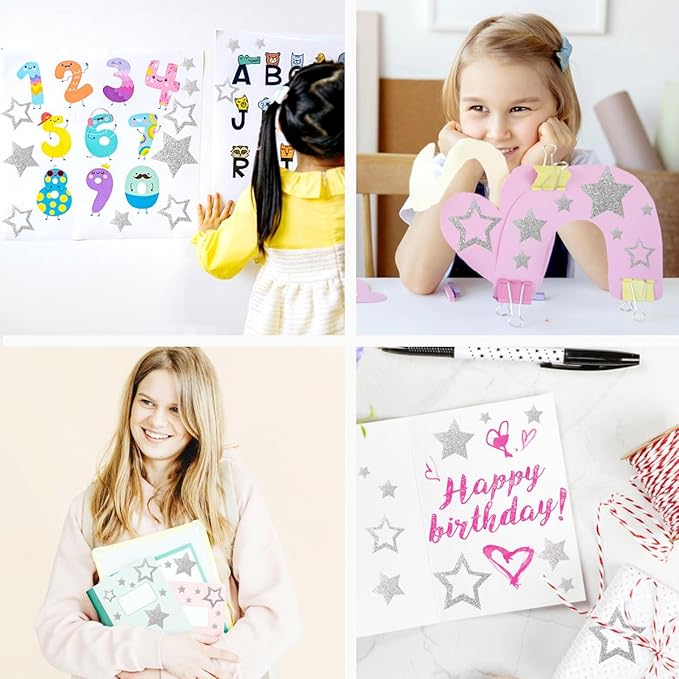 5 Sheets Glitter Silver Stars Stickers, Self-Adhesive Star Labels for Crafts, Christmas Decorations & Scrapbooks