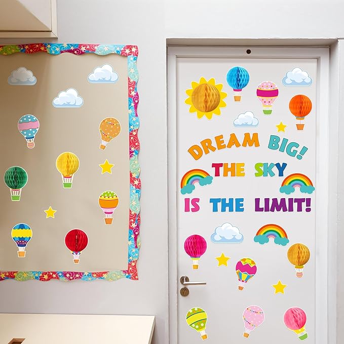Funrous 82 Pcs Colorful 3D Hot Air Balloon Honeycomb Bulletin Board Set Hot Air Balloon Cloud Rainbow Sun Cutouts Honeycomb Bulletin Board for Preschool Kindergarten Back to School Classroom Supplies
