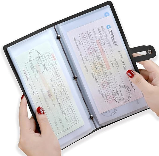 Leather Receipt Organizer, Portable Receipt Holder for Travel, Daily Coupon Organizer with 20 Pockets and 12 Card Slots to Keep Receipts and Coupons Organized, Prevent Loss and Damage (Black)