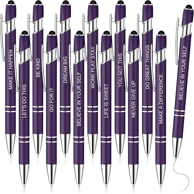 Zonon 12 Pcs Inspirational Pens Gift Set Funny Ballpoint Pen with Stylus Tip Motivational Graduation Gifts Bulk for Teacher Coworkers Nurse School Office Supplies(Dark Purple,Motivational Style)