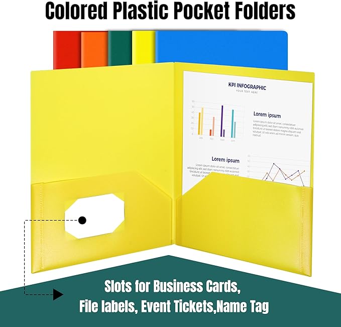 GNL Plastic Folders with Pockets, Pack of 5, Colored Heavy Duty 2 Pocket File Folders Letter Size, Pocket Folders for School, Home, and Office