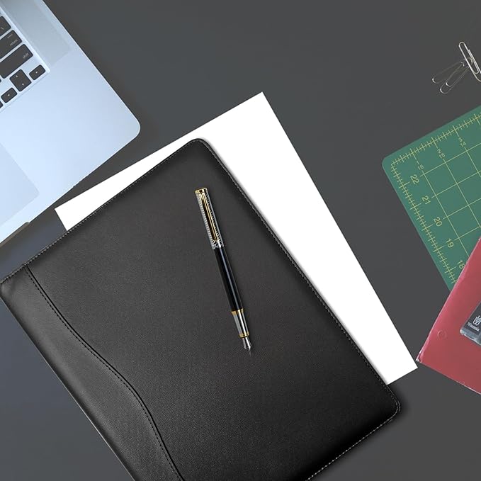 Padfolio Portfolio Binder, Leather Clipboard Folder Briefcase Loose-Leaf Binder with Cover Brown Folder with Pockets Resume Folder for Business School Office Meeting Men Women's Business (A4, Black)