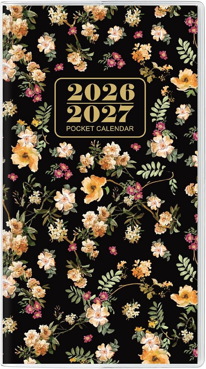 Pocket Calendar 2026-2027, Monthly Purse Planner - 6.7" x 3.7" - Runs from January 2026 Until December 2027, Pocket Calendar with PVC Cover for Planning, Organizing and Office - Black Flower