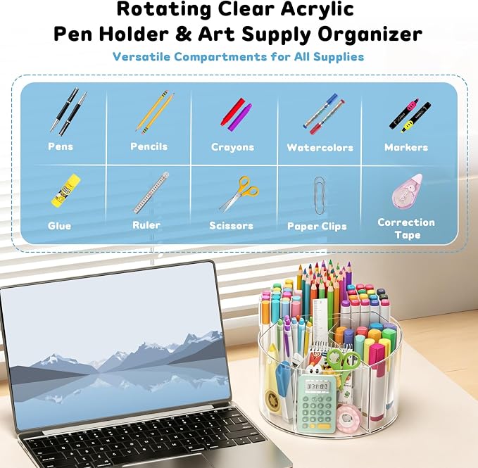 SUPEASY Acrylic Rotating Pencil Holder, 360° Clear Pen & Marker Organizer with 6 Compartments and Carry Handle, Crayon Art Supply Organizer for Desk, Home, Office, Classroom