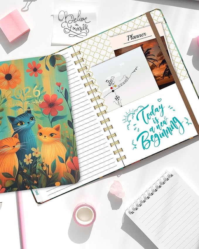 2026 Weekly and Monthly Planner - 2026 Hardcover Calendar Planner, Jan. 2026 - Dec. 2026, Daily Agenda Book with Tabs, Twin-Wire Binding, Back Pocket, School Teacher Student Supplies, A5(6.3" x 8.5") (Cat)