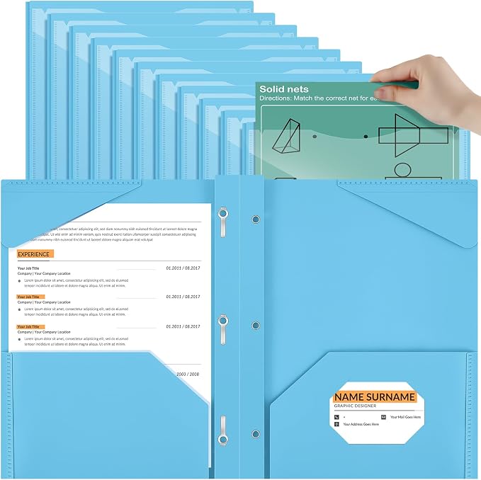 Henoyso 18 Pcs Plastic Folder with Clear Front Pocket and 3 Prong Plastic Folders with Card Slot Pocket Folders with Prongs for School Office (Light Blue)