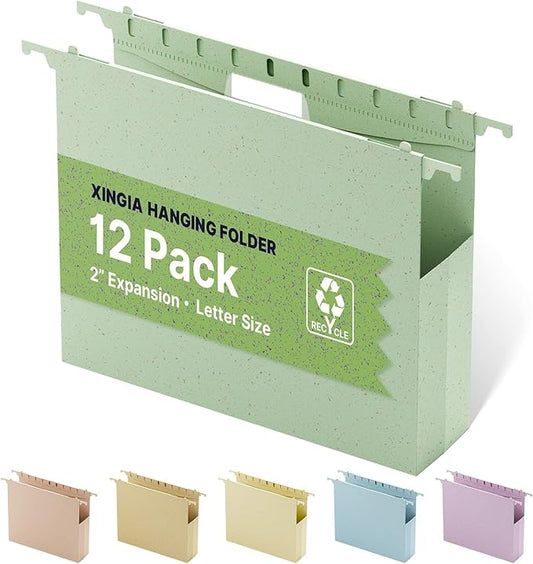 XINGIA Plastic Hanging File Folders Letter Size,12 Pack 2" Expansion Extra Capacity Hanging Folders for Filing Cabinet,Hanging File Organizer with Tabs, Ideal School Classroom, Office Supplies
