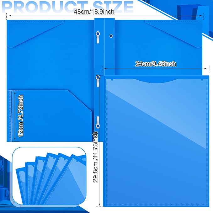 Henoyso 36 Pcs Plastic Folder with Clear Front Pocket and 3 Prong Plastic Folders with Card Slot Pocket Folders with Prongs for School Office (Blue)