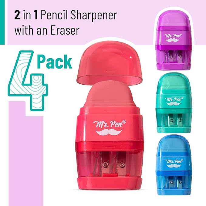 Mr. Pen- Pencil Sharpener & Eraser, 4 Pack, 2-in-1 Manual Sharpeners with Canister, 2 Sharpening Holes for Standard & Jumbo Pencils, Colorful Dual Hole Design for School, Office, Home, Kids