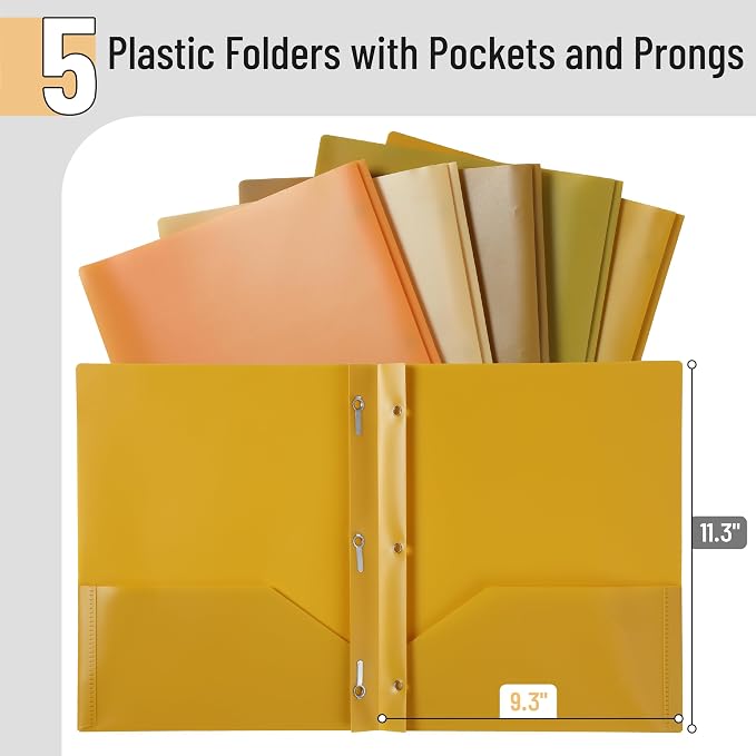 Mr. Pen- Plastic Folders with Pockets and Prongs, 5 Pack, Letter Size, Gold Spectrum, Flexible Plastic Folders with Prongs