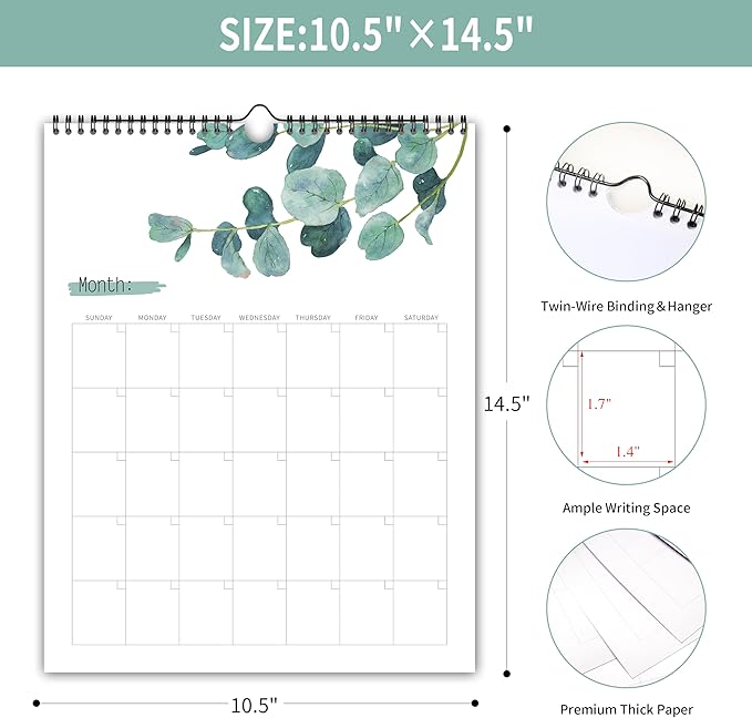 Aesthetic Wall Calendar, Blank Monthly Weekly Wall Calendar, 14.5"x 11.5", Undated Monthly Planner Note Pad for Organizing Home Office, Green Leaves