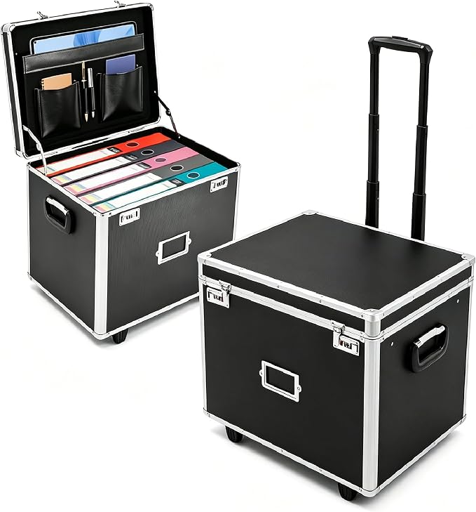Locking Rolling File Box with Wheels, 19.2" L Portable Aluminum Alloy Storage Case on Wheels, Mobile Business Document Organizer with Handle for Home Office Travel (Black)