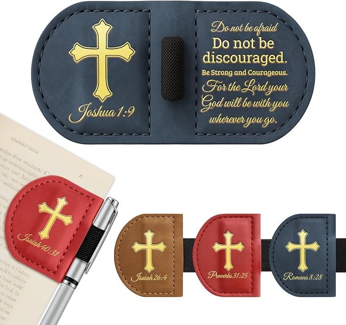 Personalized Magnetic Leather Bookmark with Pen Holder - Bygone Mark Custom Bible Verse Bookmarker,Book Marker for Men & Women,Book Lovers,Readers,Church(Blue,Joshua 1:9)