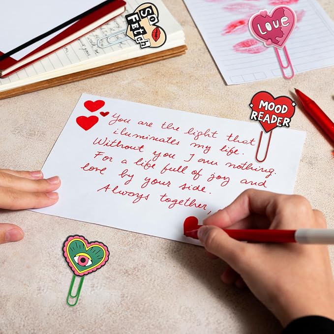 Cute Paper Clips,20Pcs Cute Heart Bookmark Paperclip Bulk Metal Fun Loving Heart Planner Clip Charms Clamp Desk Accessories Stationery Colorful Office Supplies DIY gifts for Valentines Day Party Decor