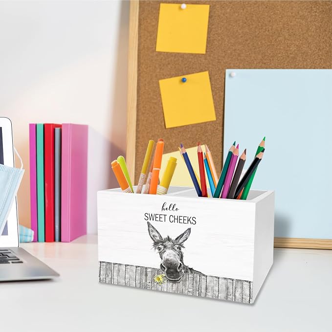 Farmhouse Funny Donkey Pen Pencil Holder for Desk, Gifts for Donkeys Lovers, Hello Sweet Cheeks Donkey Wooden Makeup Brush Toothbrush Holder Organizer for Bathroom Vanity Powder Room