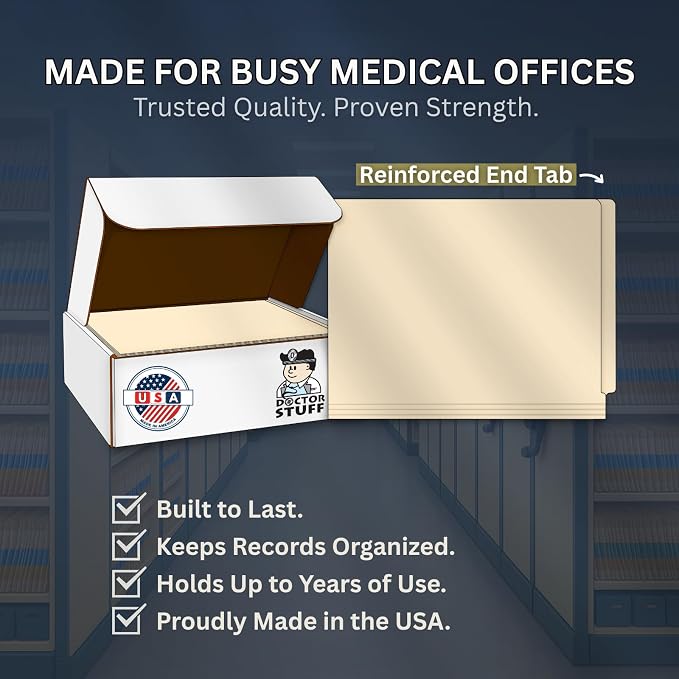 Manila File Folders, Doctor Stuff, Letter Size Reinforced End Tab Folder, 14 pt Stock, Box of 50