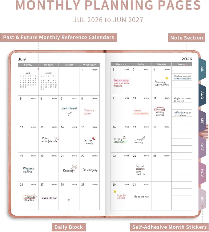 AHGXG Pocket Calendar 2026-2027, July 2026 - June 2027, Academic Planner, Weekly and Monthly, Small Size for Purse, Hardcover, 12-Month Tabs, for Women, School, 3.9"X 6.7" (Rose Gold)