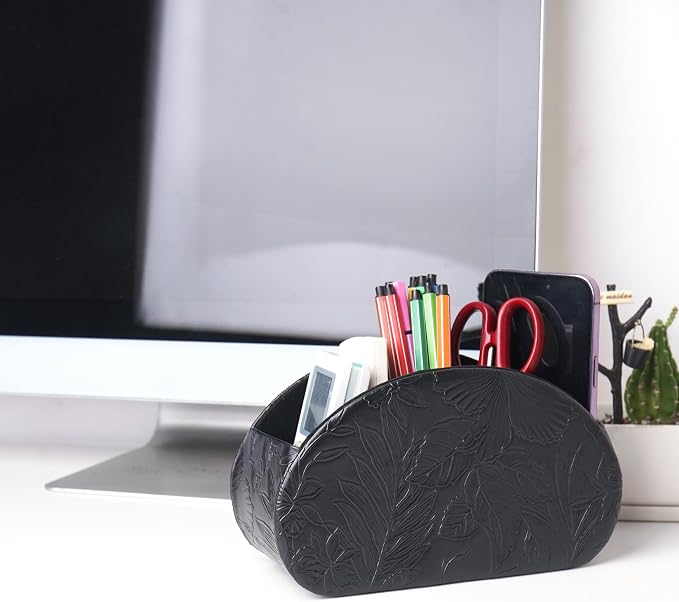 Remote Control Holder, PU Leather Remote Caddy Desktop Organizer with 5 Spacious Compartments for TV Remotes/Media Controllers/Office Supplies (1-Carved Black