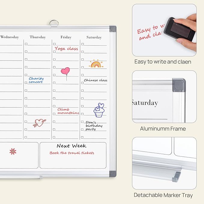 ONAVIA Weekly Calendar Dry Erase Board for Wall, Hanging 36"×24" Double-Sided Magnetic Whiteboard with Hourly Slots, for Planning, Memo, to Do List, Home, Office, Work