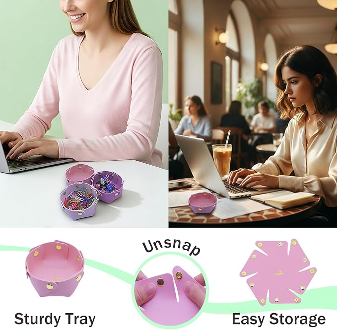 URSUN 3 Pack Cute PU Leather Paper Clip Holder for Desk, Aesthetic Valet Tray for Binder Clips, Hair Accessories, Decorative Small Desk Organizer for Home Office School (White, Purple, Pink)