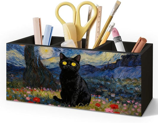 Black Cat Pen Holder for Home Office Desk, Cat Lover Gifts, Starry Sky Black Cats Makeup Brush Toothbrush Holder Organizer for Bathroom Desk Accessories