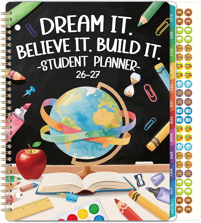 Student Planner 2026-2027 - School Planner 2026-2027 with Planner Stickers & Colorful Tabs, Aug. 2026 - Jun. 2027, 8.5" x 11", Monthly and Weekly School Planner, Academic Planner with Motivational Quotes - Globe Planner