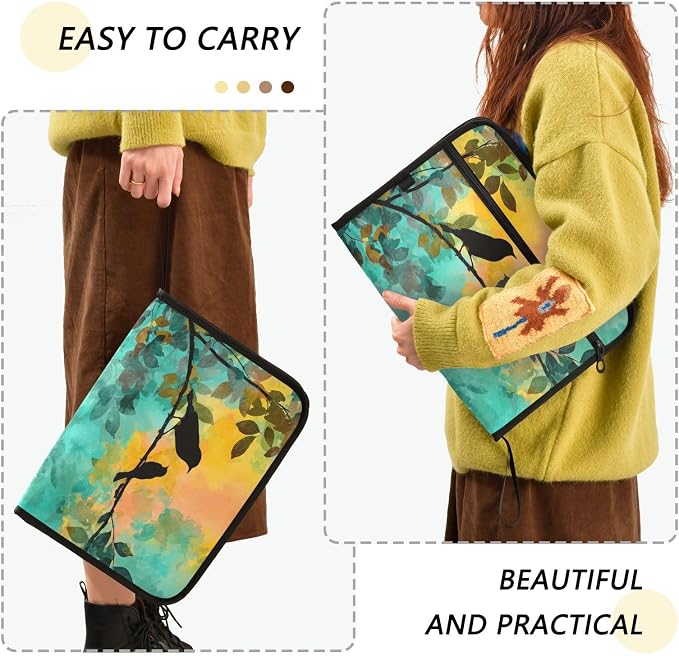 Black Bird Orange Green Accordion File Organizer Expanding Document Folder with 13 Pockets Portable File Folder for A4 Letter Size