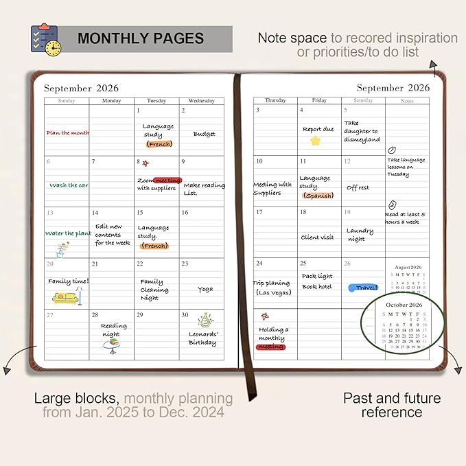 Daily Planner 2026, Calendar 2026 Agenda Planner Daily Journal Notebook 8.5"x5.8", January 2026 to December 2026, Faux Leather Cover (Black, 8.5"×5.75")