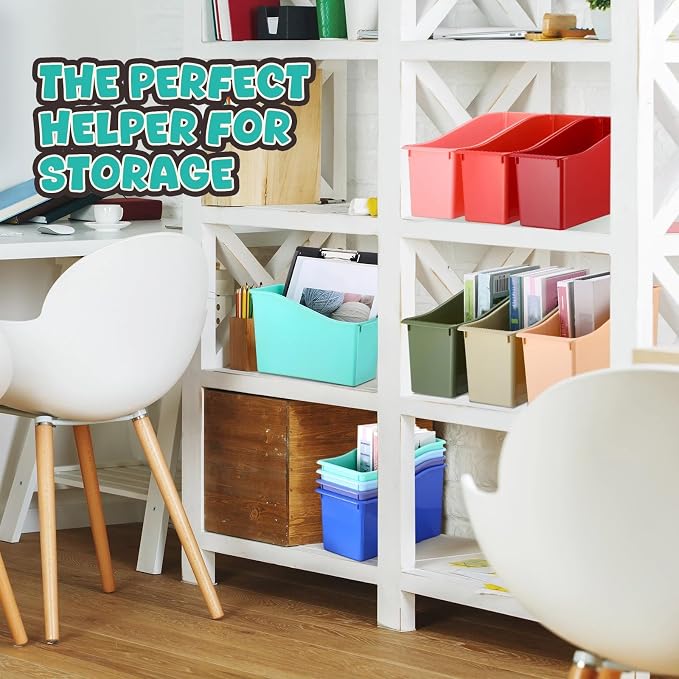 Teling 24 Pcs Plastic Book Bins Bulk for Classroom Interlocking Magazine Holder Organizer Folder Binder Storage Container Box with Name Labels for School Office Home Supply (Retro Earth Tone)