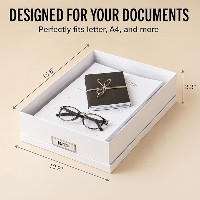 Bigso Oskar Fiberboard Label Frame Document Letter Box - File Organizer Box for Important Paperwork - Durable Document Storage with a Lid & Metal Label Window - 3.3 in x 10.2 in x 13.8 in - White