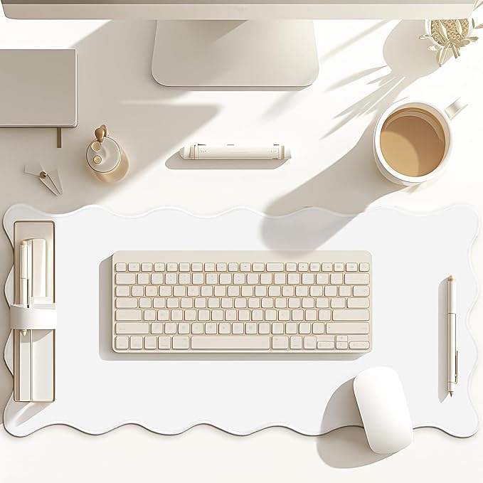 Hahafelt Scalloped Desk Mat Large Desk Pad Cute Coquette Table Mat Back to School Preppy Table Make up Pad Nonslip Graduation Gift with Stitching Waterproof Gaming(White,23.6 x 13.8 Inches)