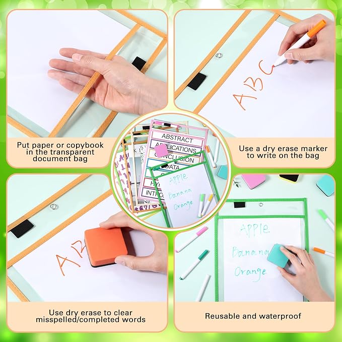 Watersay 24 Pcs Dry Erase Pocket Reusable Sleeves 10" x 14" Clear Plastic Sheet Protectors with Markers and Mini Dry Erasers for Paper(Modern Boho)