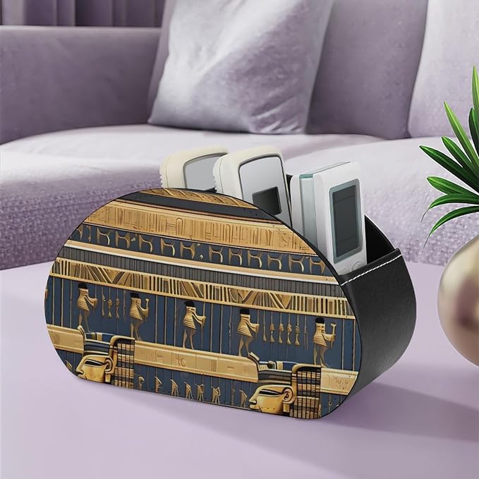 Egyptian Pharaonic Frescoes Remote Control Holder PU Leather Remote Caddy TV Remote Storage Box with 5 Compartments Pencil Storage Box Makeup Brush Holder Office Supplies