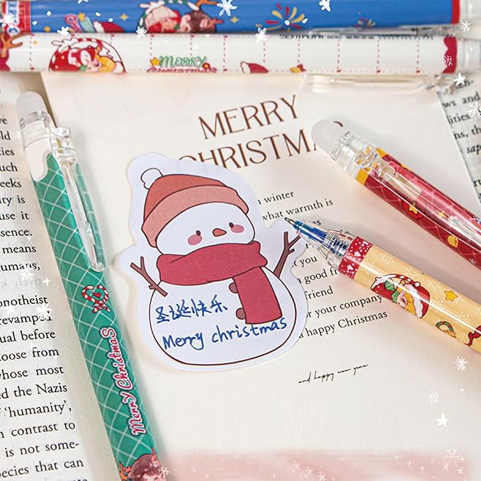 MOZXIRZ 6 Pcs Cute Christmas Erasable Pens Retractable Erasable Gel Ink Pen Cartoon Xmad Pens 0.5mm Blue Ink Pen Writing Pen Office School Pens Women Girls Boys (Blue Ink-Christmas)