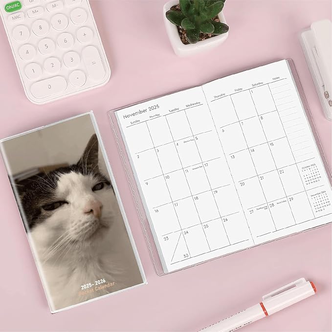 Pocket Calendar 2025-2026 Planner, Daily Weekly Monthly Planner Jan 2025 to Dec 2026 (3.7" x 6.7") Page Size, Daily Planner 2025 for Purse - Cool Cat