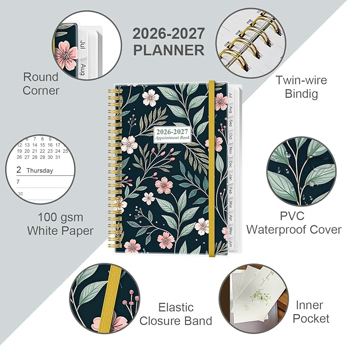 2026-2027 Appointment Book & Planner - 2026-2027 Daily Hourly Planner from July 2026 - June 2027, Weekly Appointment Book with 30-Minute Interval, Medium 6.4" x 8.5", Flower-C