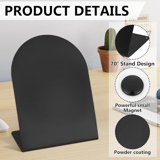 2 PCS Magnetic Bulletin Boards with Easel Stand, 11x8in Tabletop Metal Board with Anti-Tipping Bent Design and 4 Magnets, Memo Picture Display Board for Office, Kitchen, School, Home (Black)