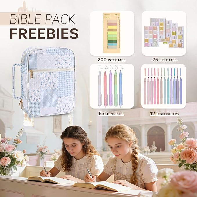 Bible Cover Case for Women Large Bible Cover Bag Quilted Bible Carrying Case for Girls Bible Study Supplies Accessories Christian Gifts for Women (Blue Gingham, Large)