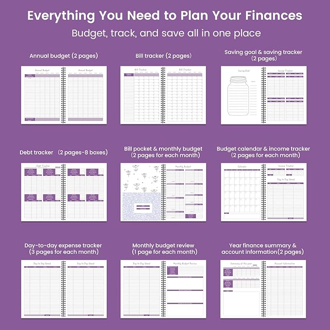 Monthly Budget Planner Book (Undated) with 12 Pockets for Income, Debt, Saving, Expense and Bill Tracker Organizer, Purple, Spiral Design