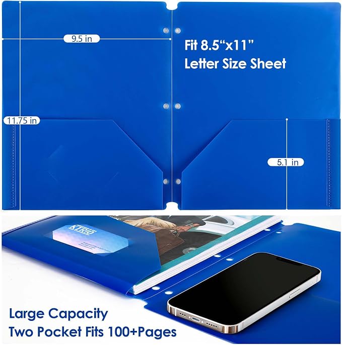 KTRIO Folders with Pockets 3 Hole Punched, 6 Pack Plastic Folders for 3 Ring Binder, Letter Size Colored Poly Folder with Business Card Slot for School Students Teachers