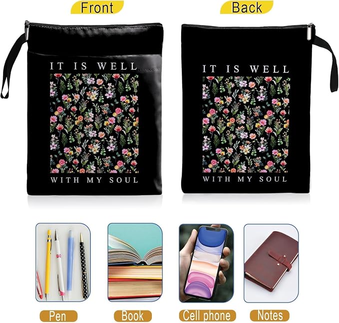 It is Well with My Soul Book Sleeve Christian Book Cover,Book Lovers Gifts Waterproof Book Cover for paperbacks with Zipper and Front Pocket Book Pouch for Women Teacher Student Gifts (Black, Large)