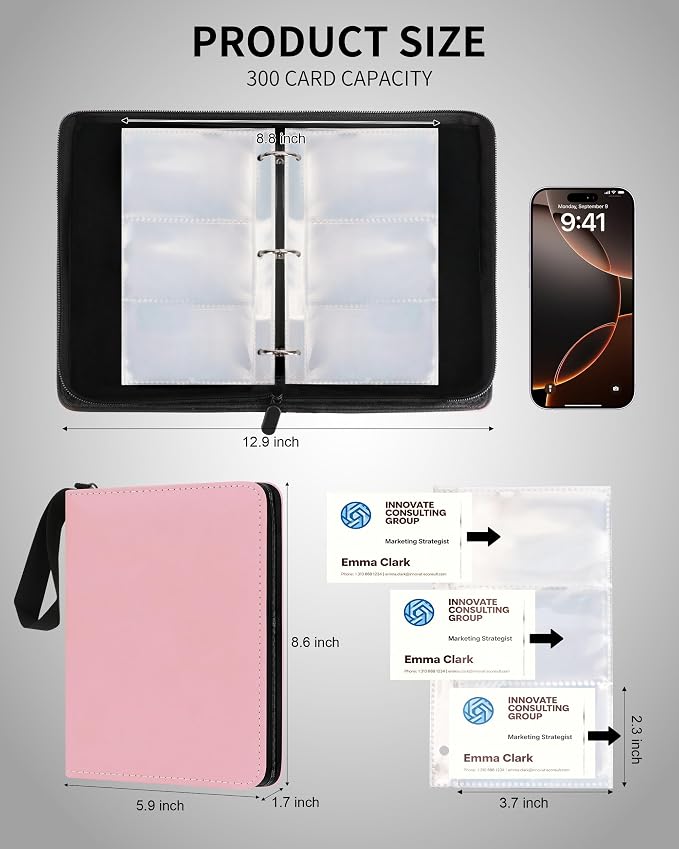 Leather Business Card Book Holder Organizer, Professional Name Card Book Holder with 300 Card Capacity, Portable PU Credit Card Binder File Sleeve Storage for Men Women,50 Pack Sleeves Zipper Closure