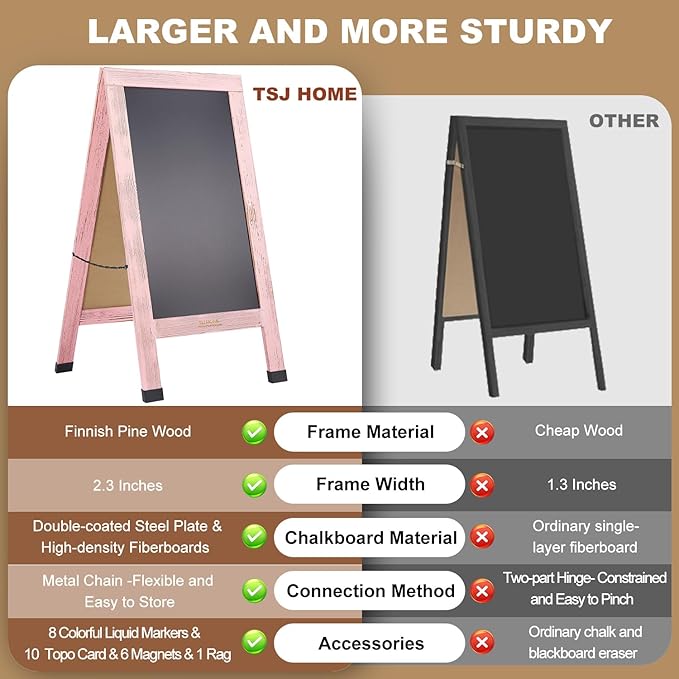 Wood Magnetic A-Frame Chalkboard Signs, 40" x 20" Large Sandwich Board Signs Outdoor, Double-Sided Sidewalk Blackboard for Business, Wedding, Vendor Display, Coffee Shope - Pink
