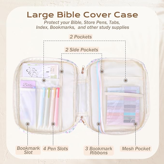 XKDOUS Large Bible Cover Case for Women Durable Carrying Book Case with Tabs, Handle & Pocket, Floral Bible Bags Study Supplies Organizer for Christian Gifts