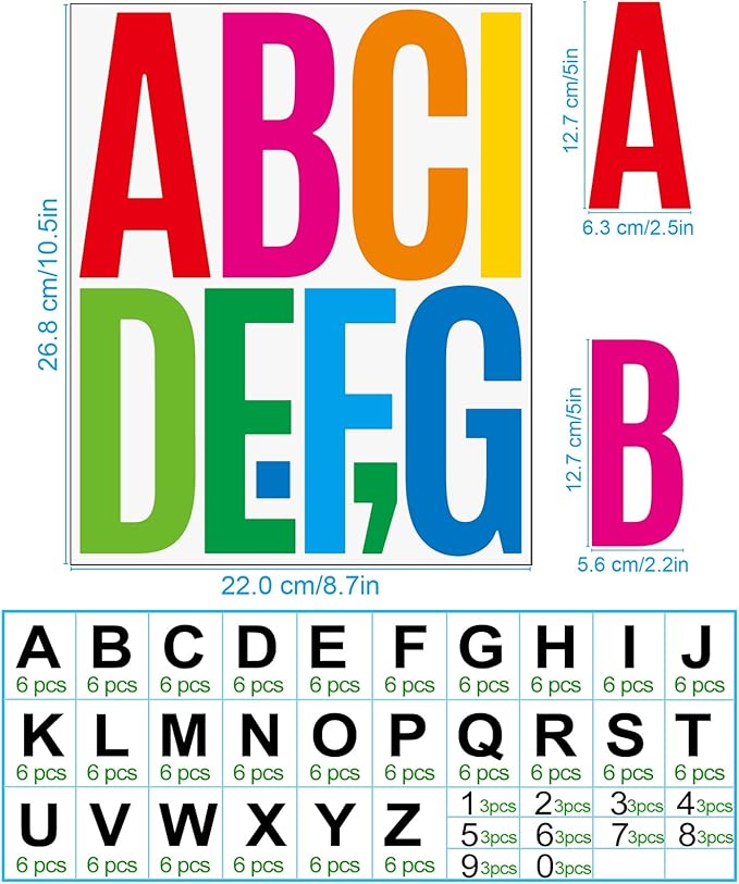 Bemeol 30 Sheets Large Letter Sickers 5 inch Vinyl Letter Alphabet Number Stickers for Bulletin Board Classroom Mailbox Home Decor(Colorful)