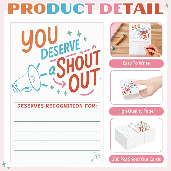 200 Count Shout out Cards for Teachers Students Employees Staff Office Positive Appreciation Recognition Team Classroom Good Behavior Incentive Reward Kudos Cards Postcard for Bulletin Board