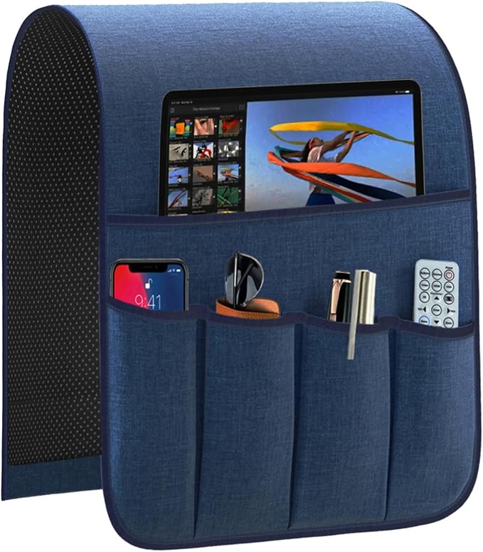 Armrest Organizer Non Slip Remote Control Holder Arm Chair Couch Caddy For Recliner Sofa Bedside With 5 Pocket Storage for Tablet Phone iPad (Navy, W13 x L33)